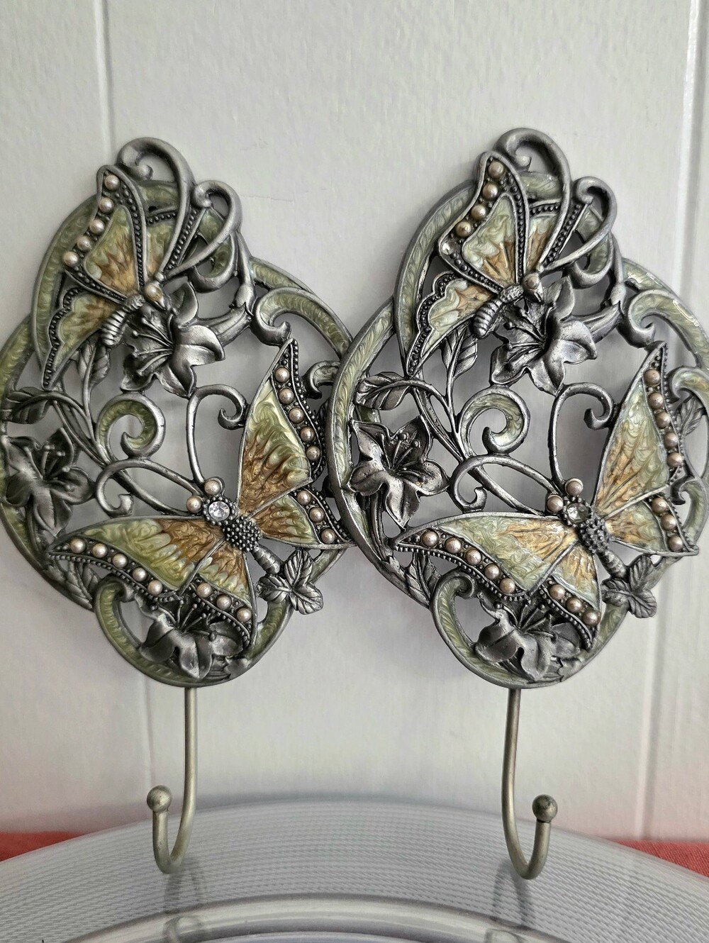 Butterfly Wall Hooks Set Of Two Irridescent Enamel Over Heavy Metal Faux Pearl